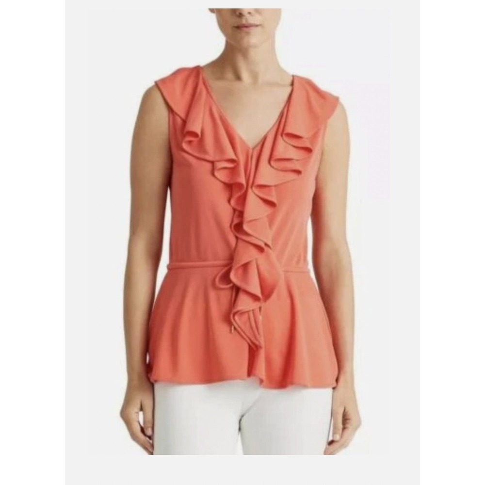 Lauren Ralph Lauren Coral Red Ruffle Peplum Sleeveless Top V-Neck XS NWOT
